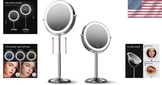 9-Inch Height Adjustable Lighted Makeup Mirror - 10X/1X Magnification & Recha...