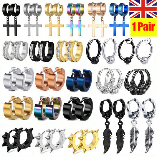 1PAIR Men Women Surgical Stainless Steel Silver Thick Round Huggie Hoop Earrings